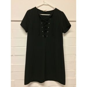 Lace Up Front Black TShirt Dress